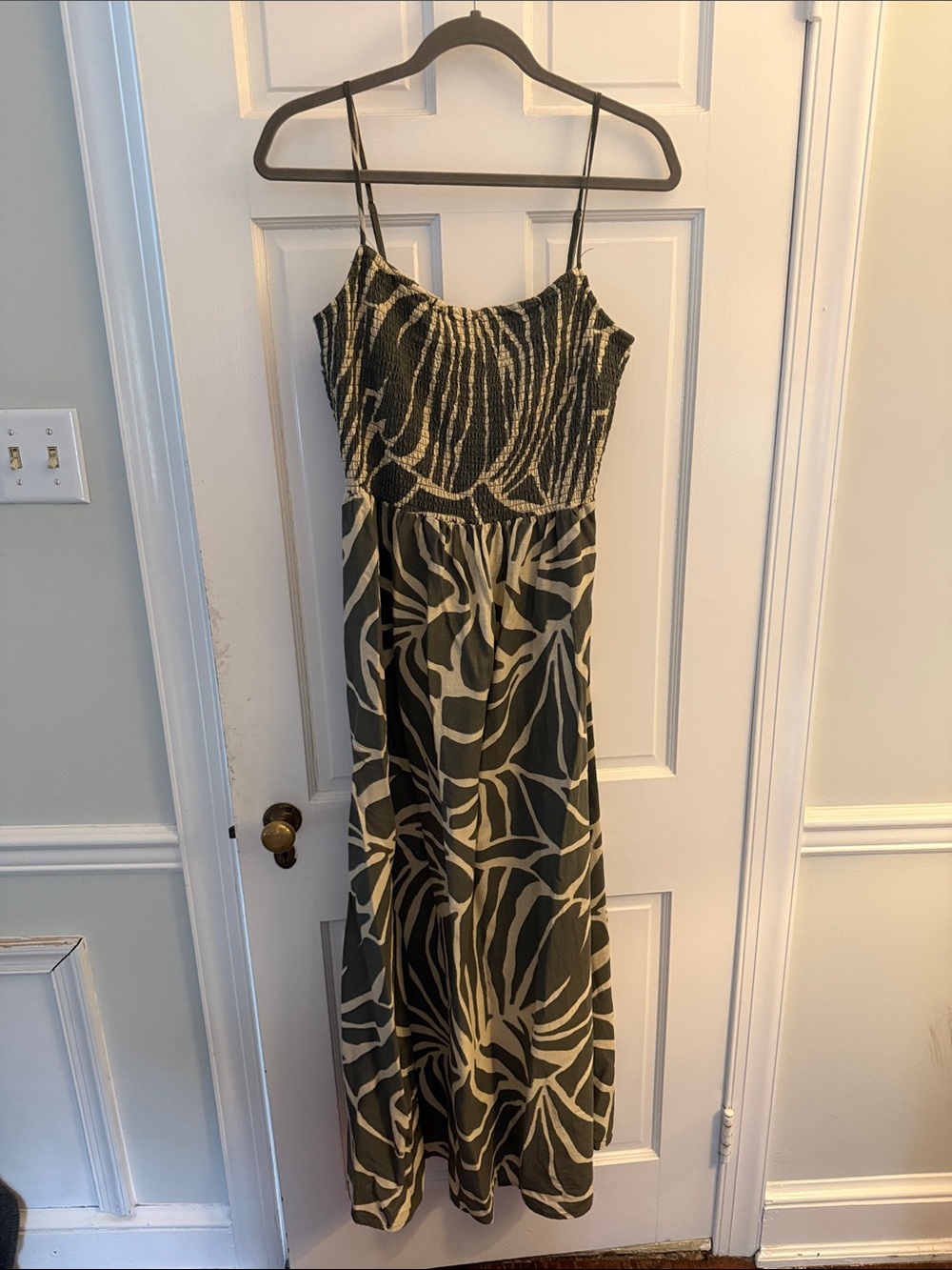 Z Supply Olive and Cream Smocked Maxi Dress with Abstract Print